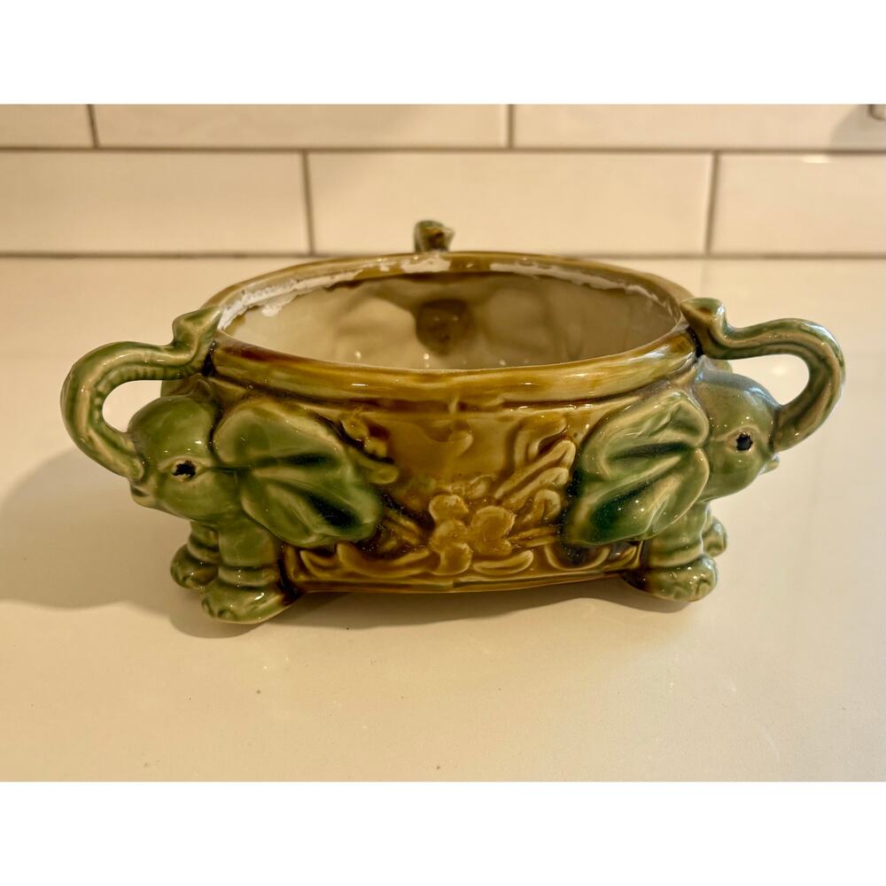 Vintage Majolica Elephant Planter Green Glazed Ceramic Bowl